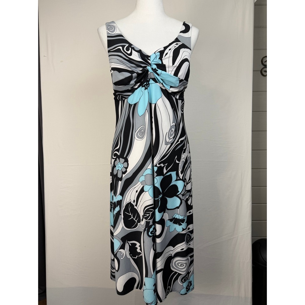 Madison Leigh Women Floral Psychedelic Print Twist Bust Midi Dress Blue Black 10